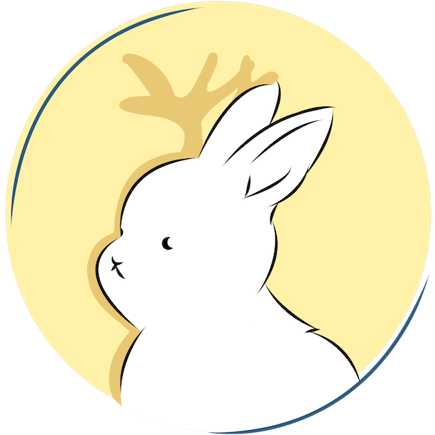 Company logo of a white bunny on a yellow background. Behind the bunny is its shadow which also displays a set of deer-like antlers.
